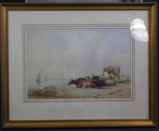 Thomas Francis Wainewright (exh. 1880-1899) Cattle and sheep beside an estuary, 14 x 20in.